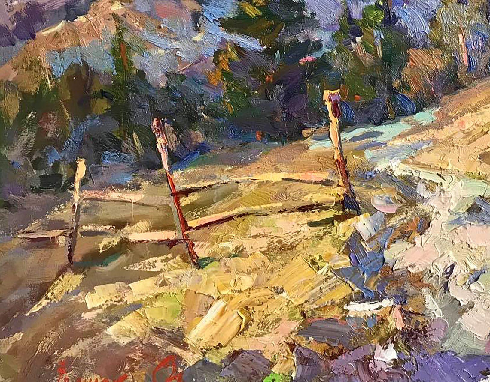 Primavera nei Carpazi,  Impressionismo, Pittura ad olio originale, pronta per essere appesa - Landscape Painting Marrone di Alex Kalenyuk  