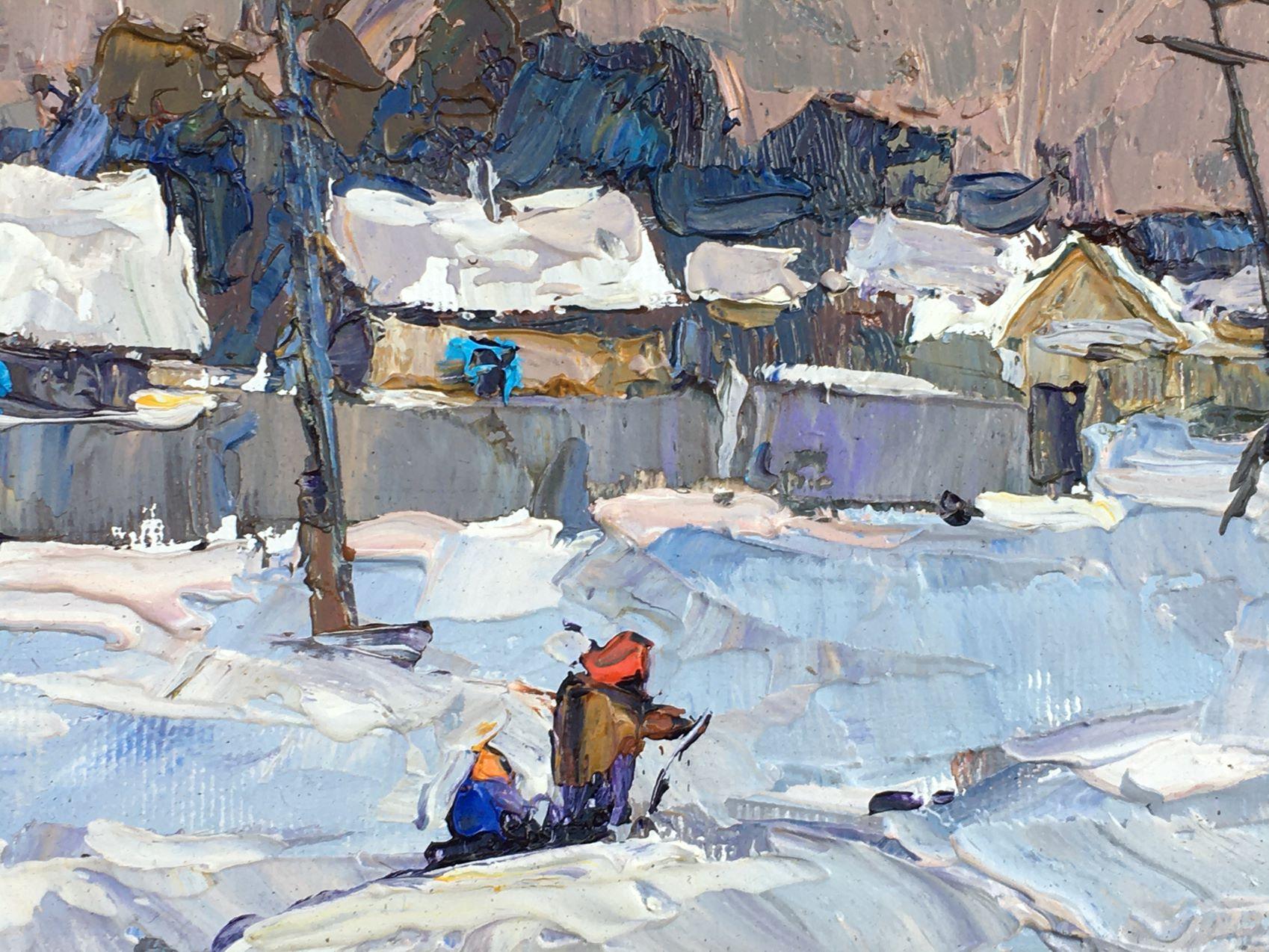 Street in the Snow, Village, Original oil Painting, Ready to Hang - Gray Landscape Painting by Alex Kalenyuk  