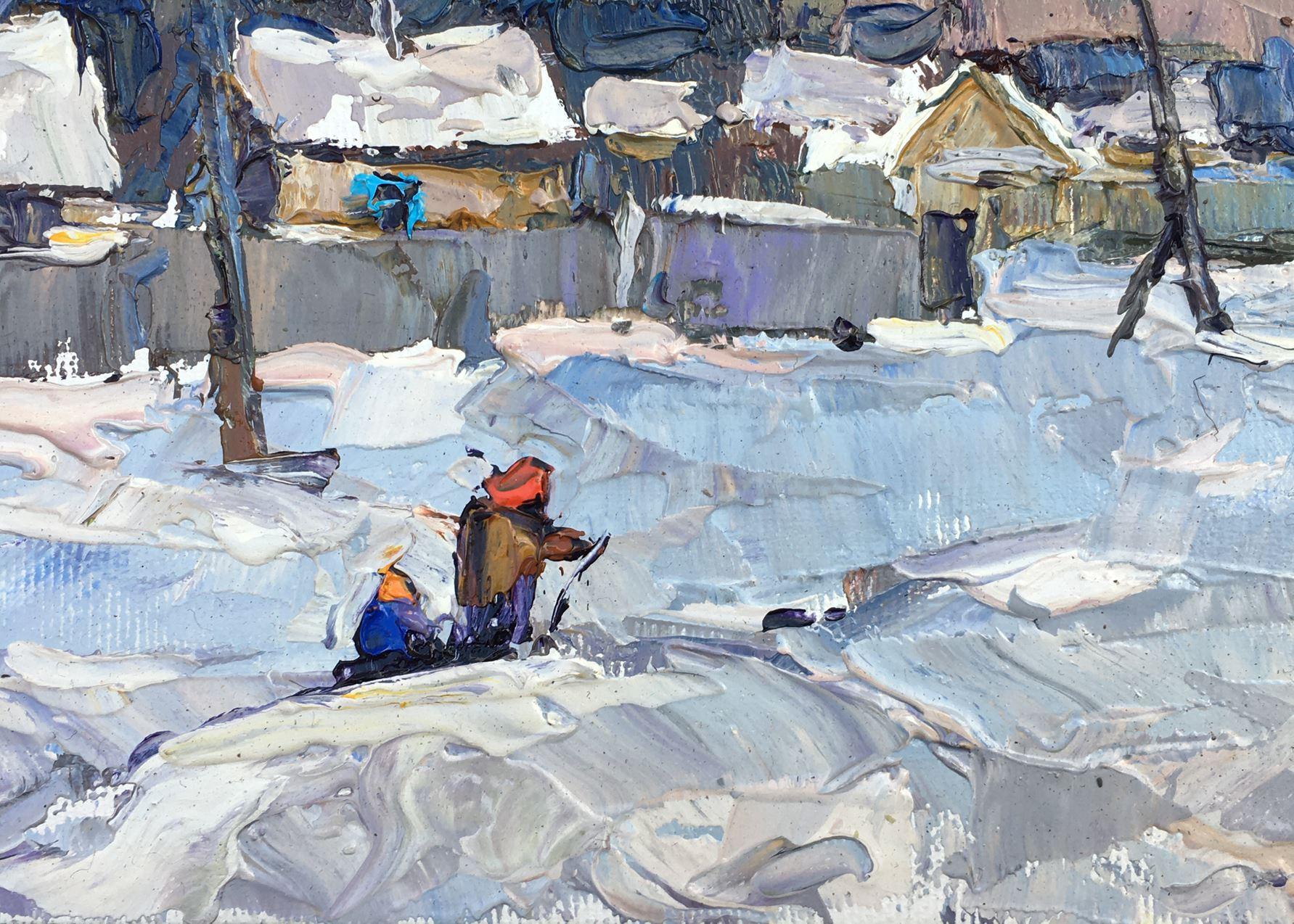 Street in the Snow, Village, peinture à l'huile originale, prête à accrocher - Impressionnisme Painting par Alex Kalenyuk  