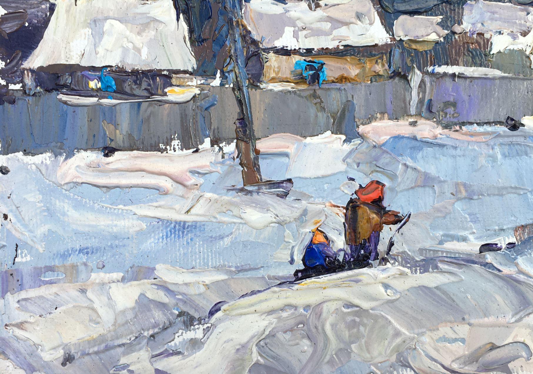 Street in the Snow, Village, peinture à l'huile originale, prête à accrocher - Gris Landscape Painting par Alex Kalenyuk  