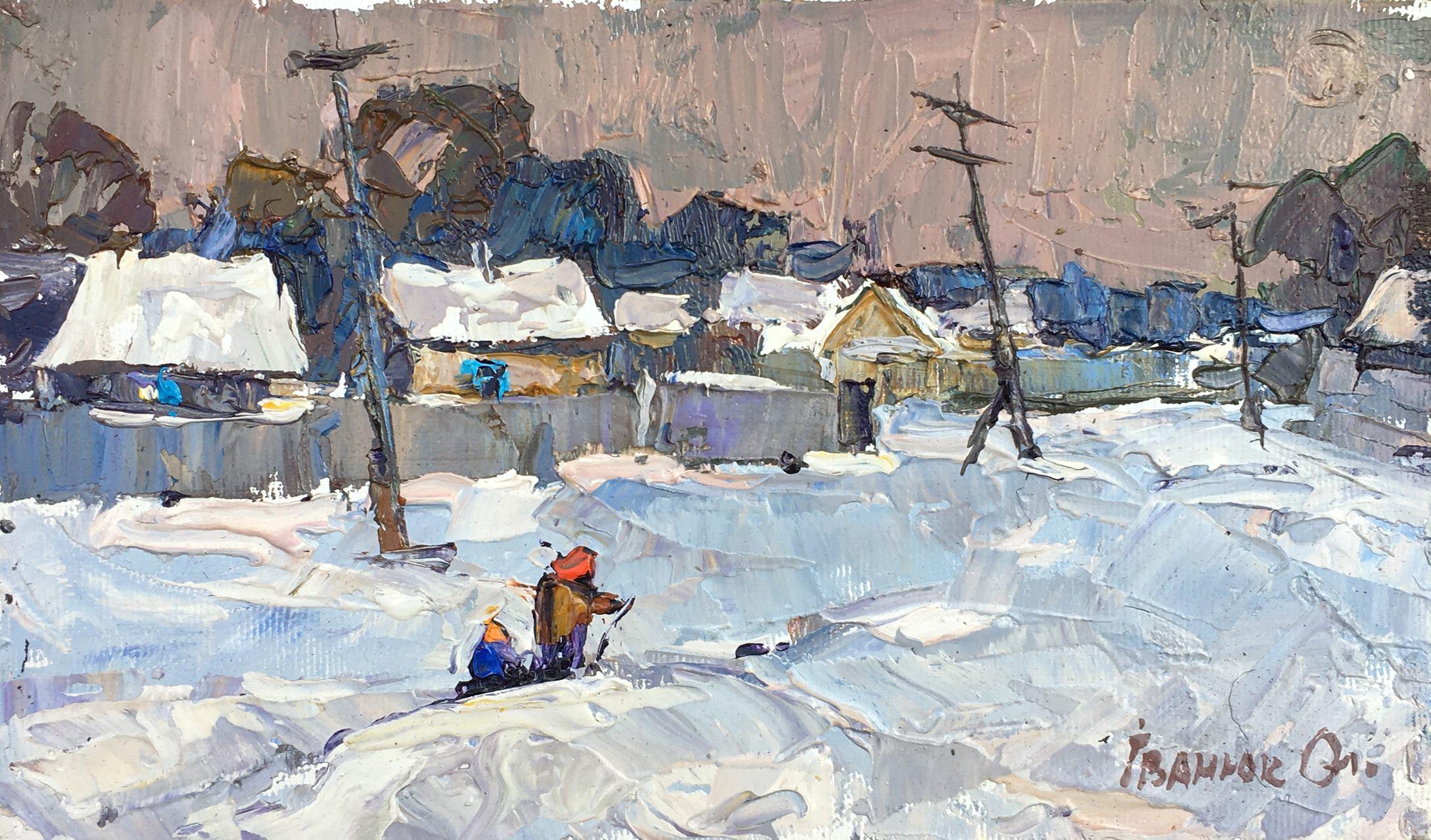 Landscape Painting Alex Kalenyuk   - Street in the Snow, Village, peinture à l'huile originale, prête à accrocher