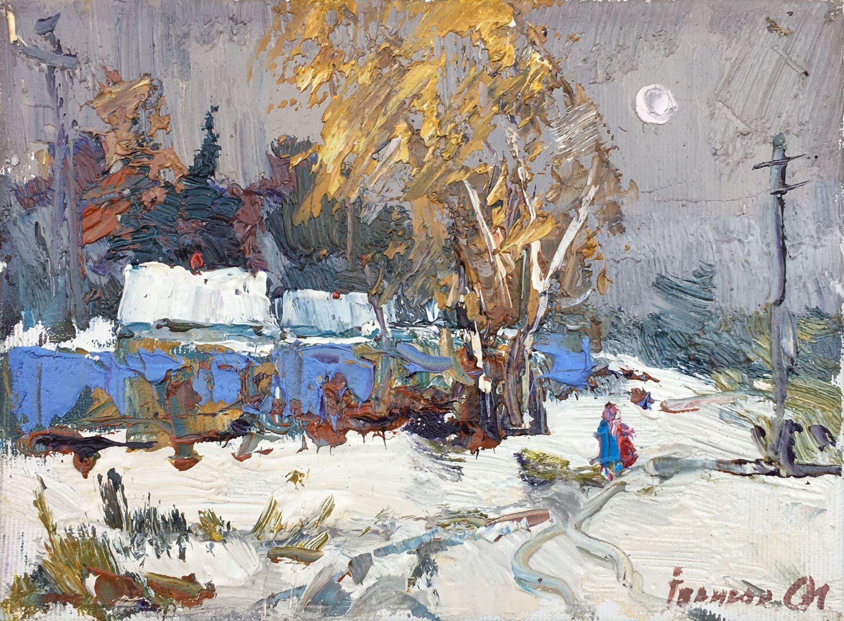 Alex Kalenyuk   Landscape Painting - Street in the Snow, Original oil Painting, Ready to Hang