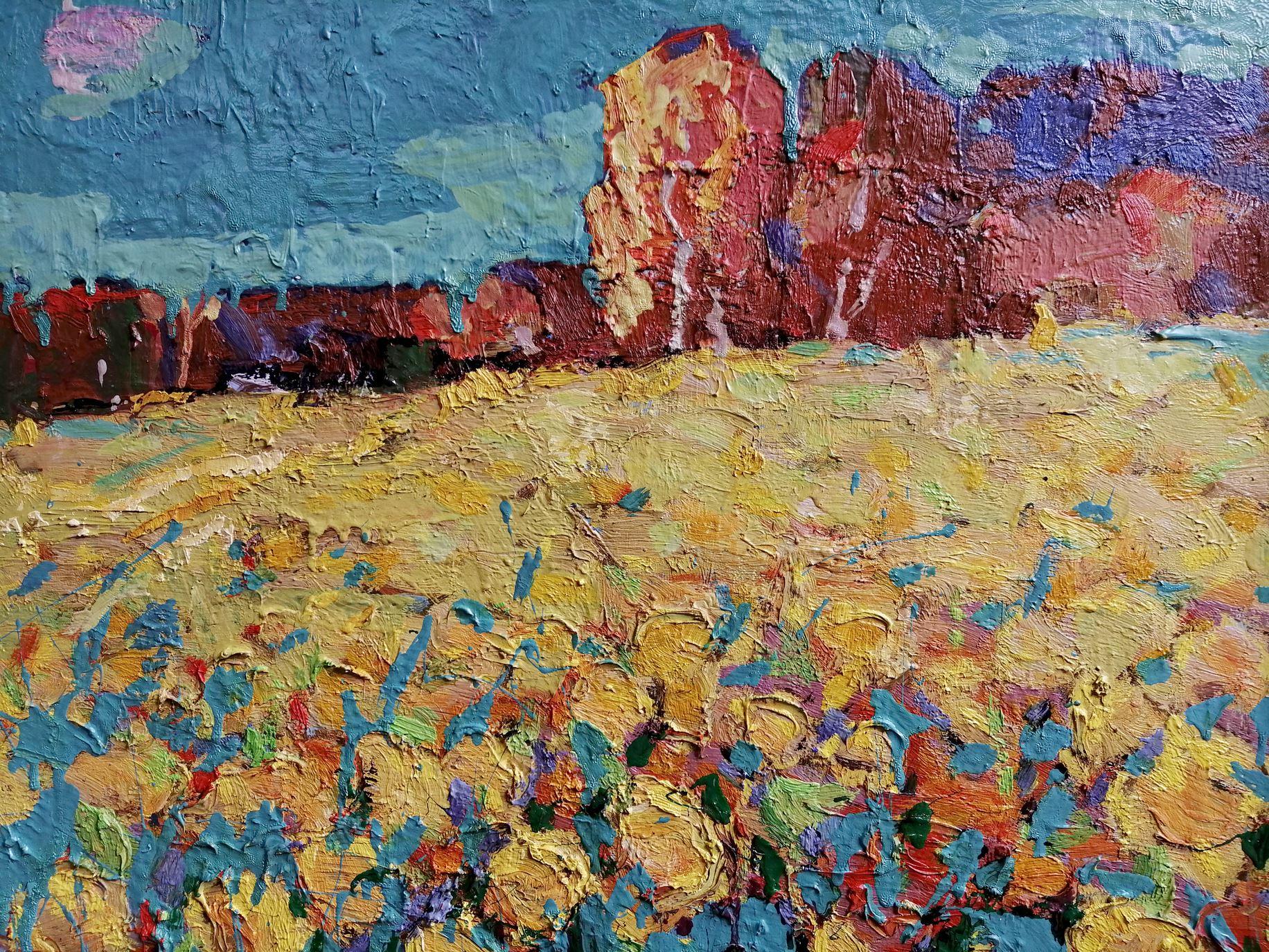 Sunflower Field, Impressionism, Original oil Painting, Ready to Hang For Sale 2