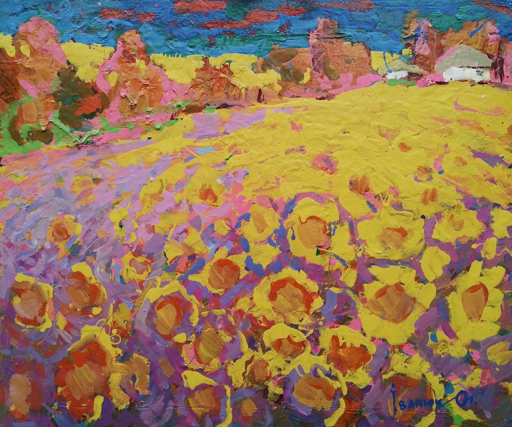 Alex Kalenyuk   Landscape Painting - Sunflowers Field, Impressionism, Landscape, Original oil Painting, Ready to Hang