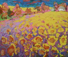 Sonnenblumenfeld, Impressionismus, Landschaft, Original-Ölgemälde, hängefertig