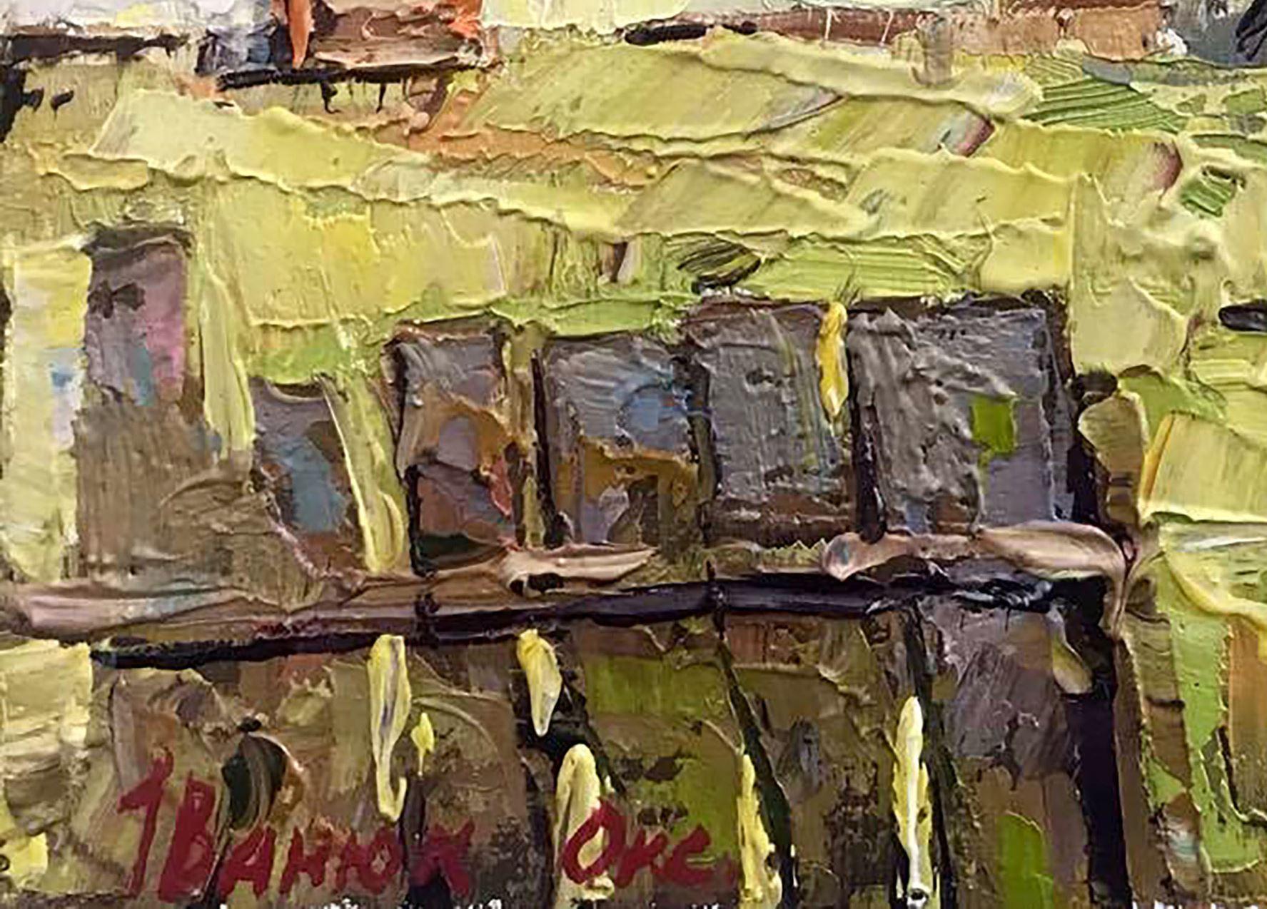 Künstler: Alex Kalenyuk 
Werk: Original-Ölgemälde, handgefertigtes Kunstwerk, ein Unikat 
Medium: Öl auf Leinwand 
Jahr: 2021
Titel: Sonniger Innenhof
Form: 8