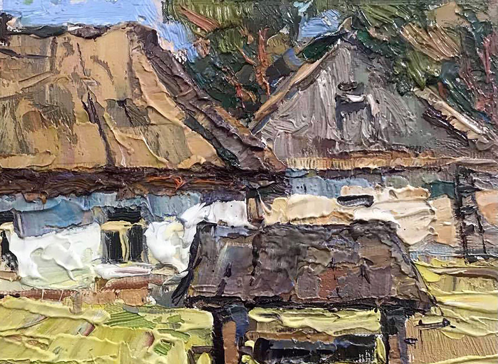 Sunny Courtyard, Dorf, Original Ölgemälde, hängefertig im Angebot 1