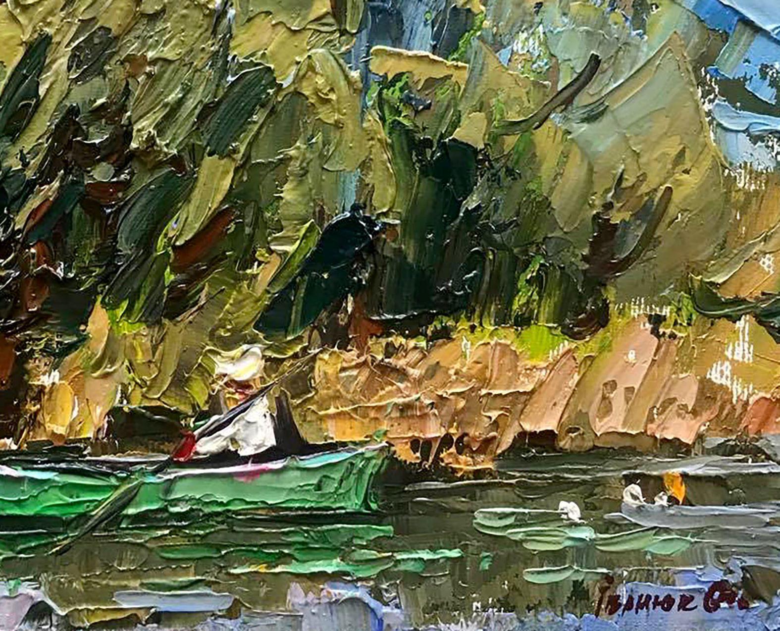 Artistics : Alex Kalenyuk 
Oeuvre : Peinture à l'huile originale, œuvre d'art faite à la main, unique en son genre. 
Médium : Huile sur toile 
Année : 2021
Titre : Le batelier flotte sur la rivière
Style : 8