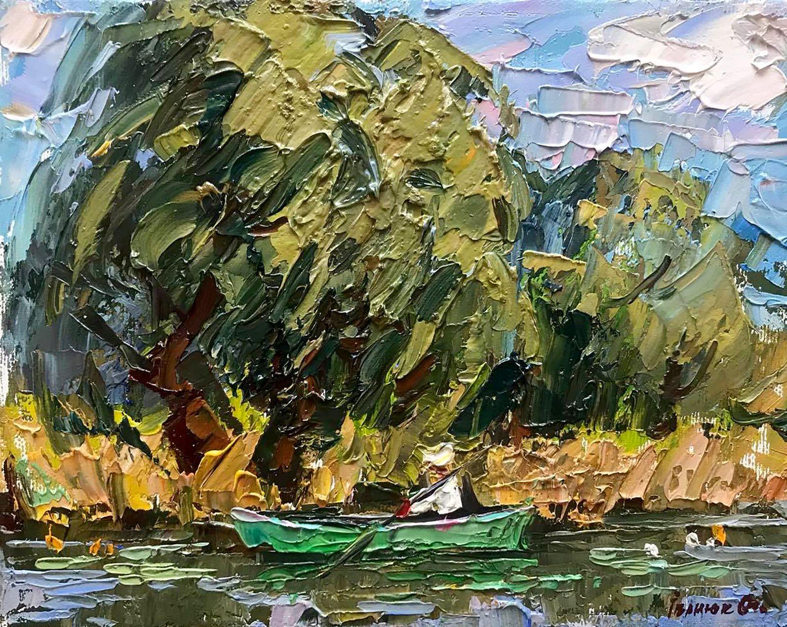 Landscape Painting Alex Kalenyuk   - Le bateau flotte sur la rivière, peinture à l'huile originale, prête à être accrochée