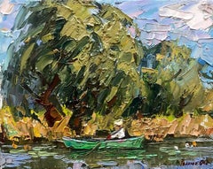 The Boatman floats on the River, Original oil Painting, Ready to Hang