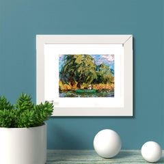 The Boatman floats on the River, Original oil Painting, Ready to Hang