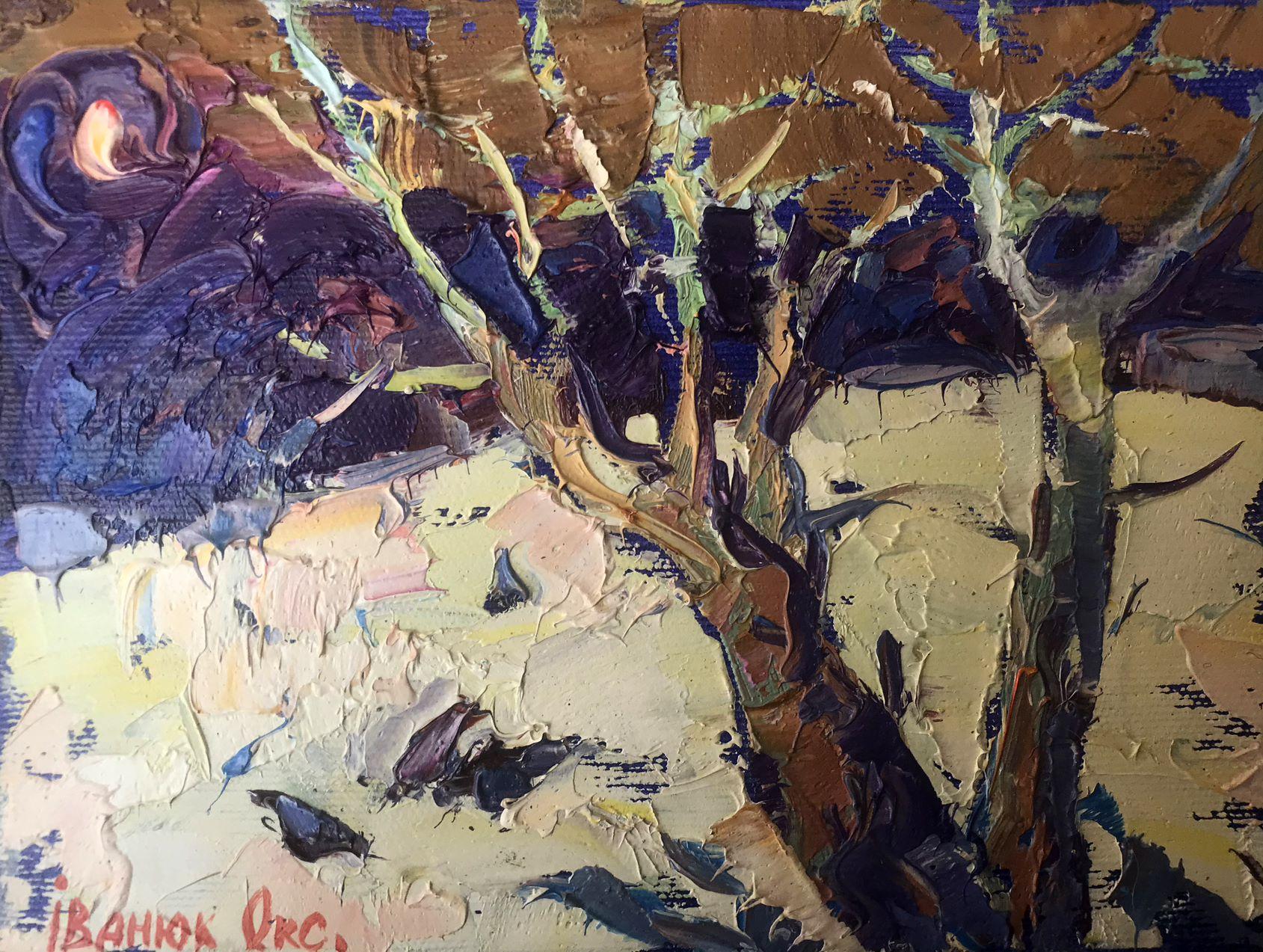 The Monthly Night, trees, Original oil Painting, Ready to Hang