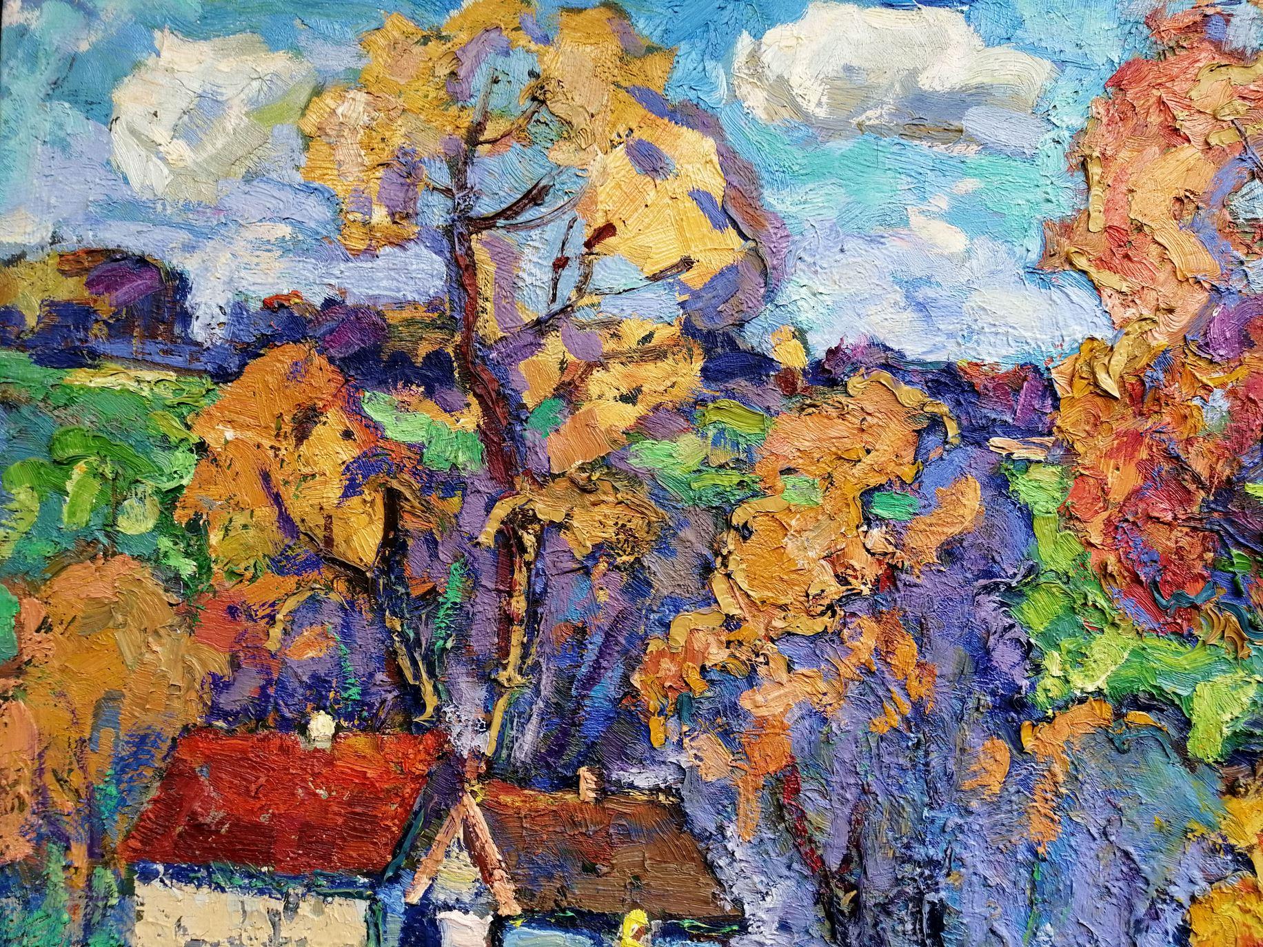 Village Edge, Impressionism, landscape, Original oil Painting, Ready to Hang For Sale 2