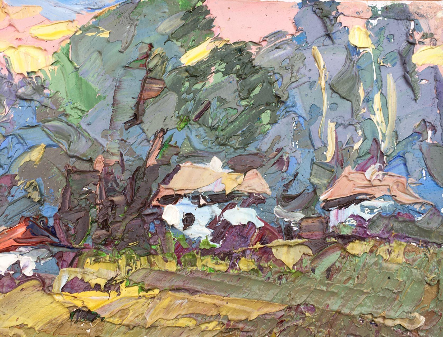 Bordure du village, impressionnisme, peinture à l'huile originale, prête à être accrochée - Gris Landscape Painting par Alex Kalenyuk  