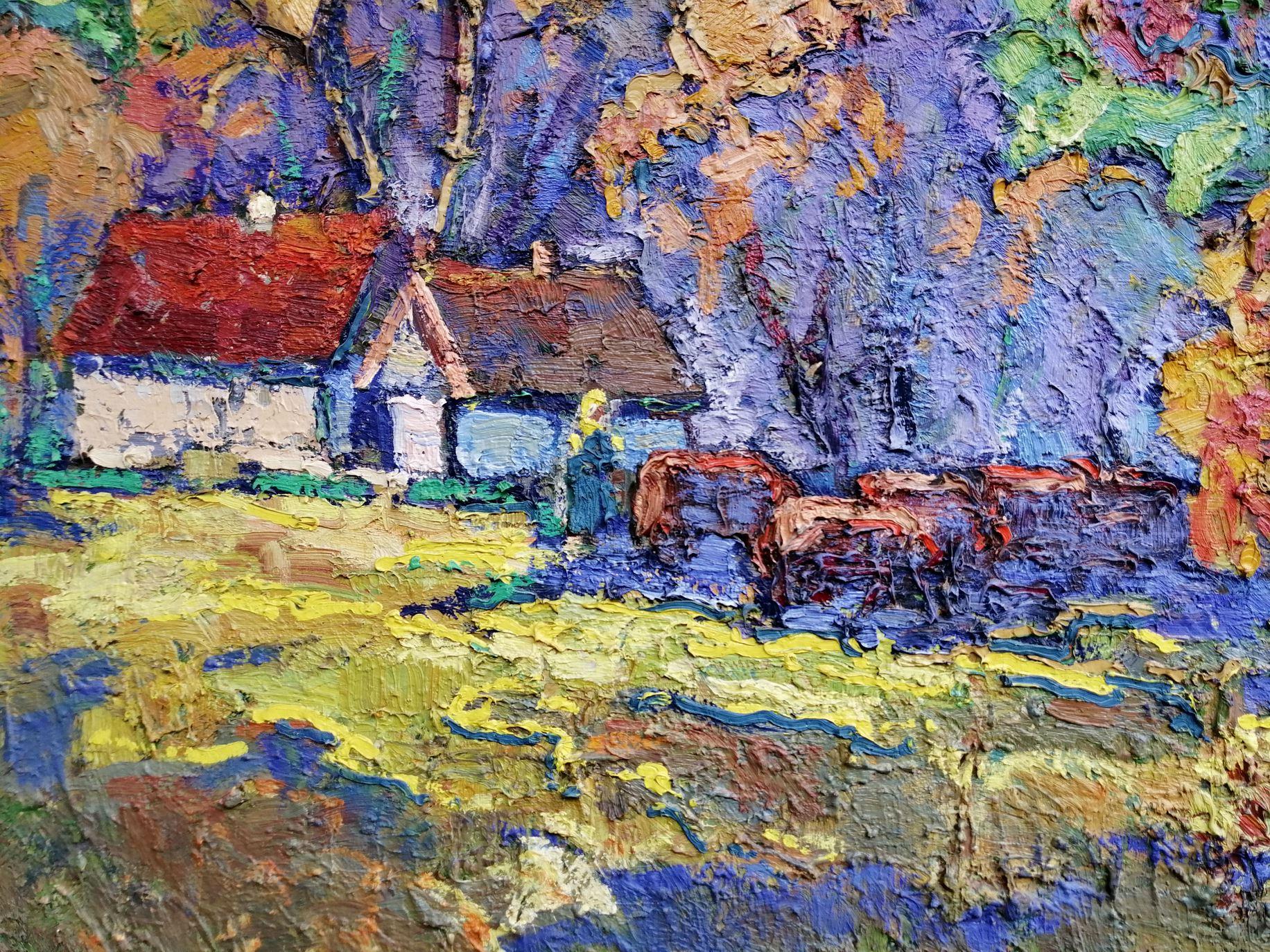 Village Edge, Impressionism, landscape, Original oil Painting, Ready to Hang For Sale 3