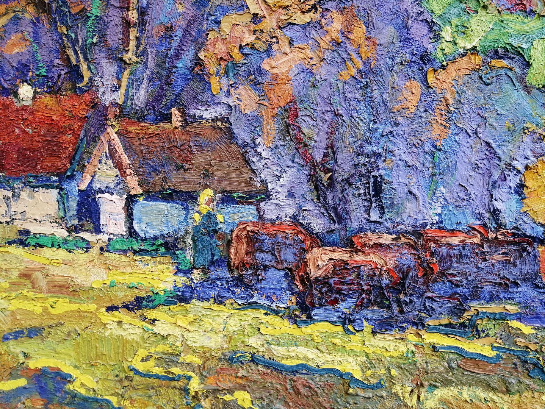 Village Edge, Impressionism, landscape, Original oil Painting, Ready to Hang For Sale 4