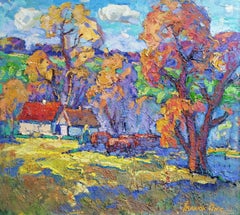 Village Edge, Impressionismus, Landschaft, Original-Ölgemälde, hängefertig