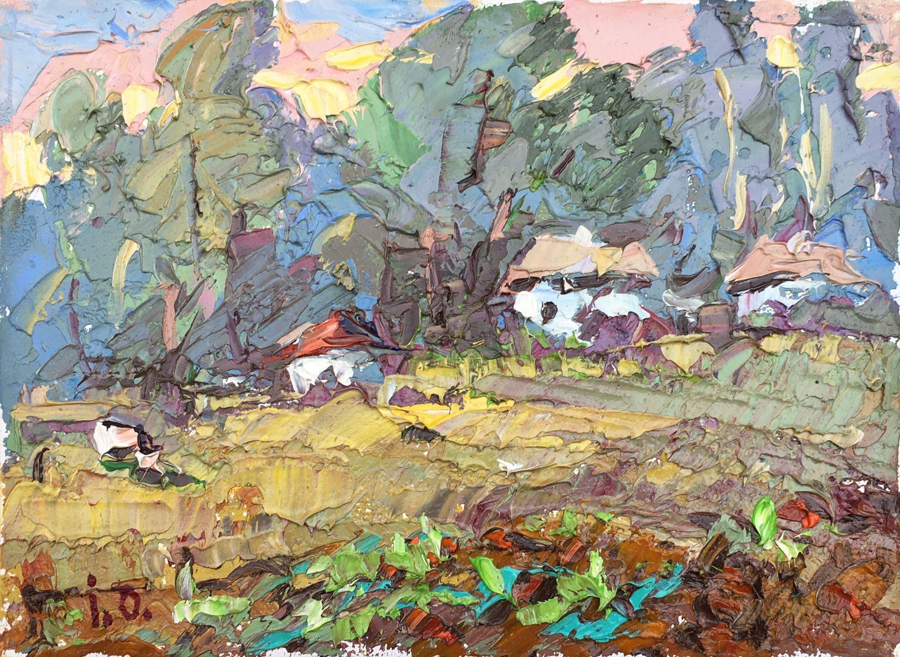 Landscape Painting Alex Kalenyuk   - Bordure du village, impressionnisme, peinture à l'huile originale, prête à être accrochée