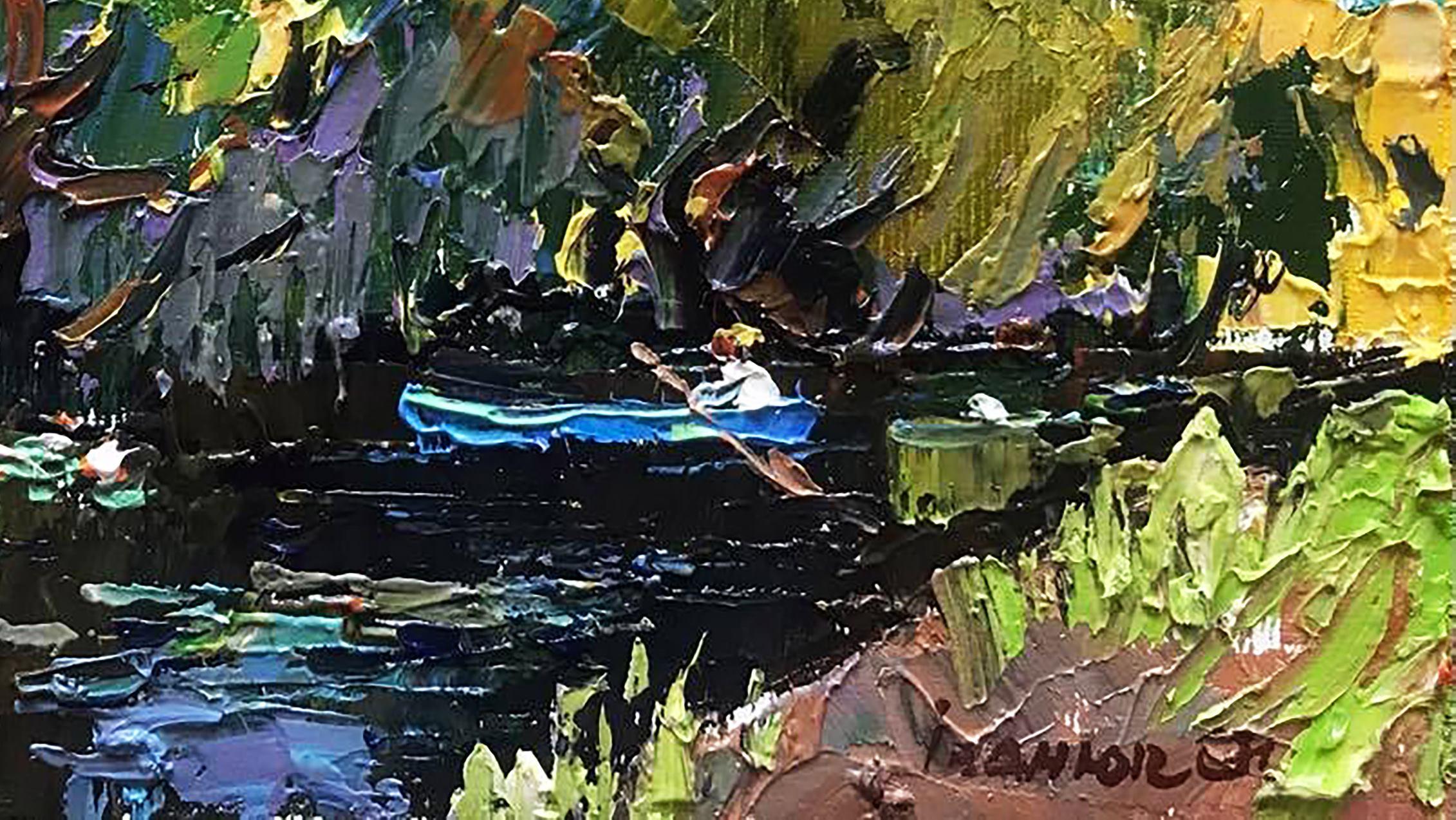 Artistics : Alex Kalenyuk 
Oeuvre : Peinture à l'huile originale, œuvre d'art faite à la main, unique en son genre. 
Médium : Huile sur toile 
Année : 2021
Titre : Soirée chaude au bord de la rivière
Style : 6