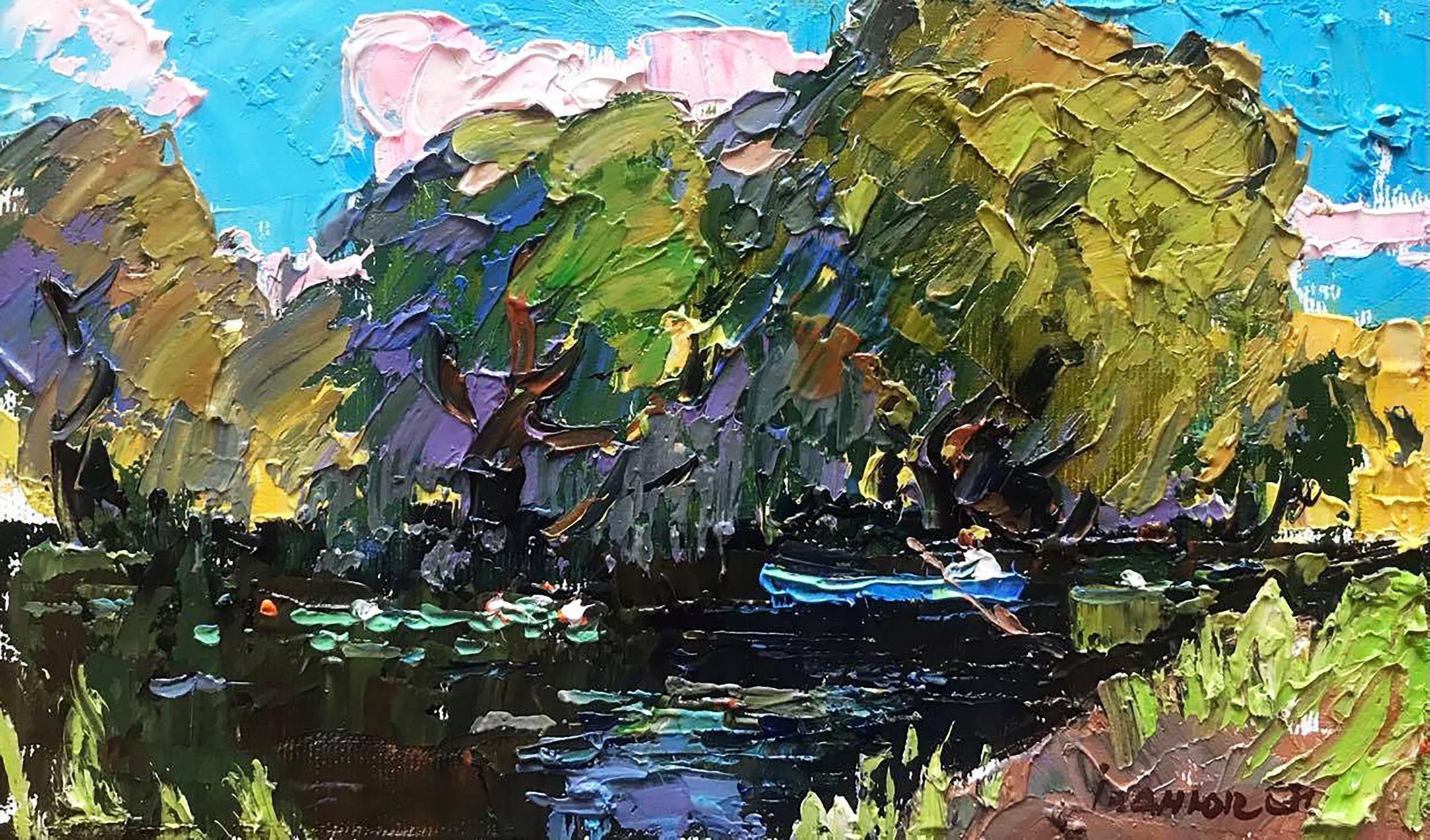 Landscape Painting Alex Kalenyuk   - Soirée chaude au bord de la rivière, peinture à l'huile originale, prête à être accrochée