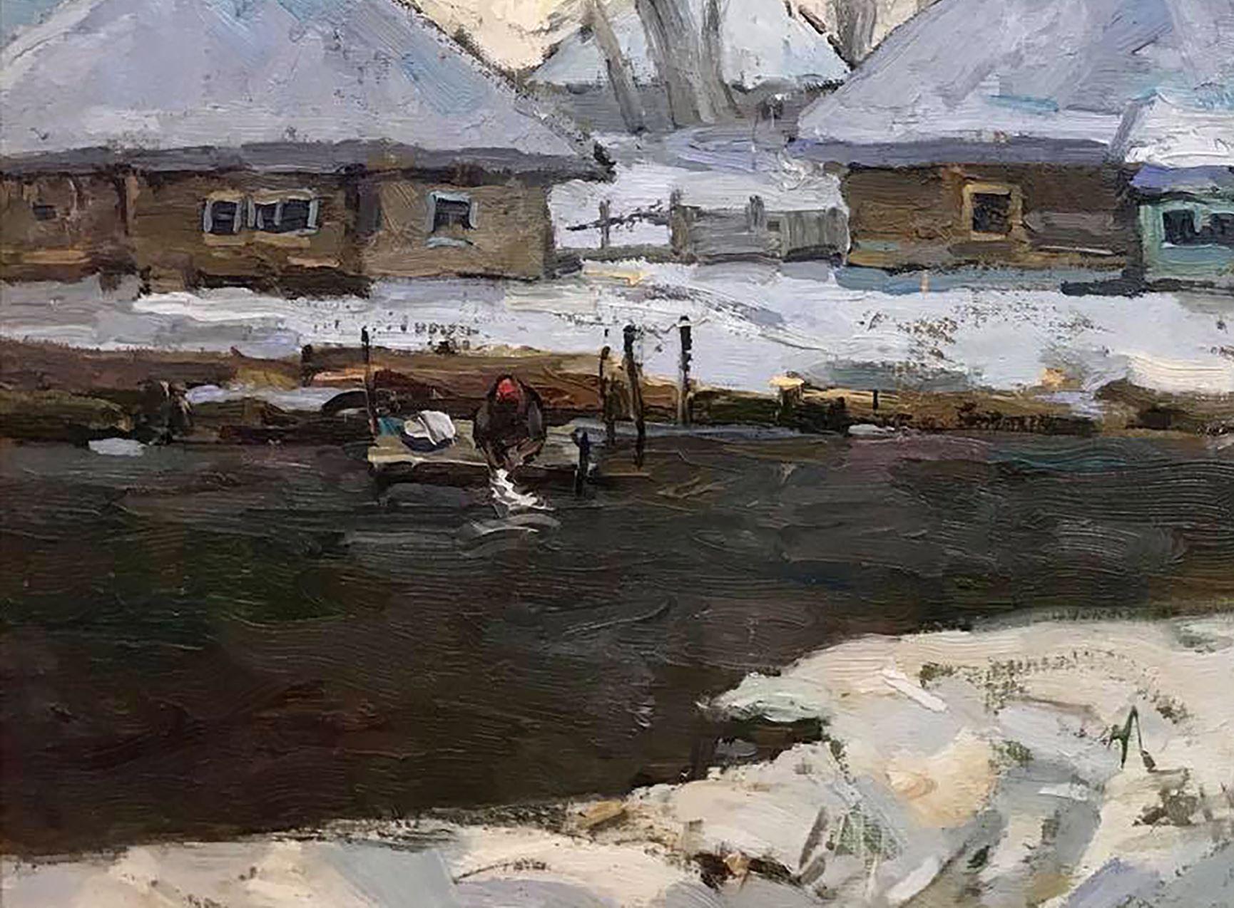 Winterabend-Landschaft, Impressionismus Original-Ölgemälde, hängefertig (Grau), Landscape Painting, von Alex Kalenyuk  