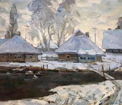 Paysage de soirée d'hiver, peinture à l'huile impressionniste originale, prêt à accrocher