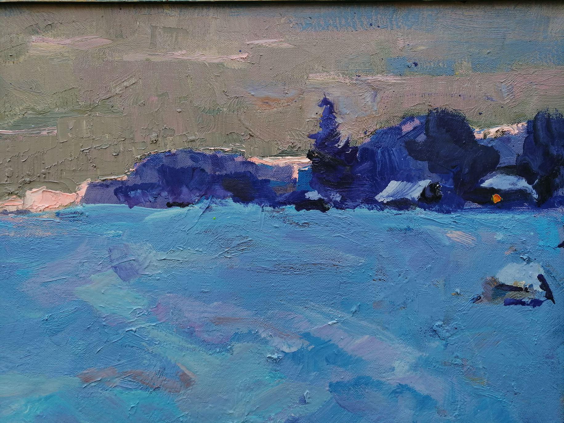 Sera d'inverno, Impressionismo, Pittura ad olio originale, pronta da appendere - Landscape Painting Blu di Alex Kalenyuk  