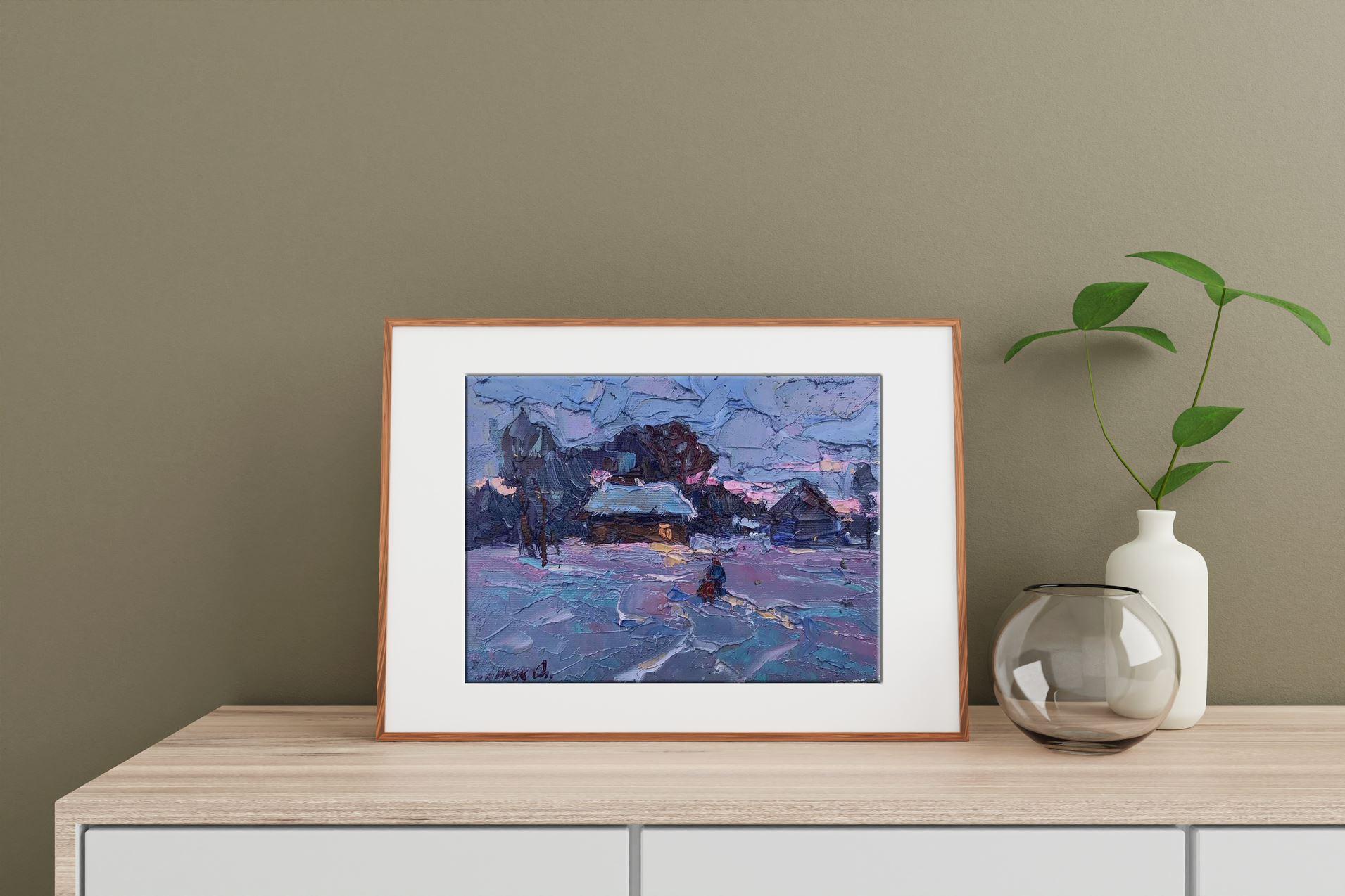 Winterabend, Impressionismus, Original-Ölgemälde, hängefertig (Violett), Landscape Painting, von Alex Kalenyuk  