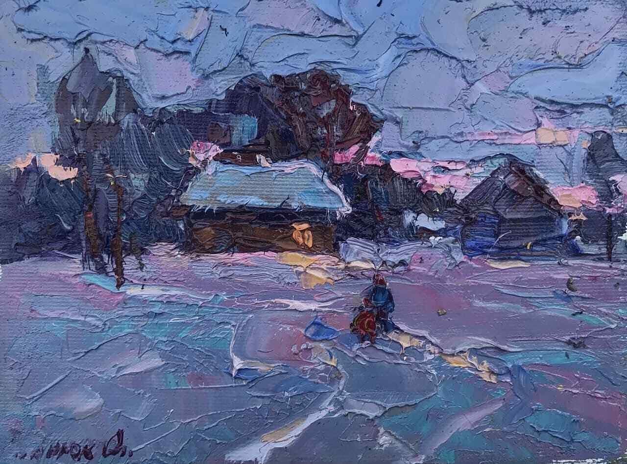 Alex Kalenyuk   Landscape Painting – Winterabend, Impressionismus, Original-Ölgemälde, hängefertig