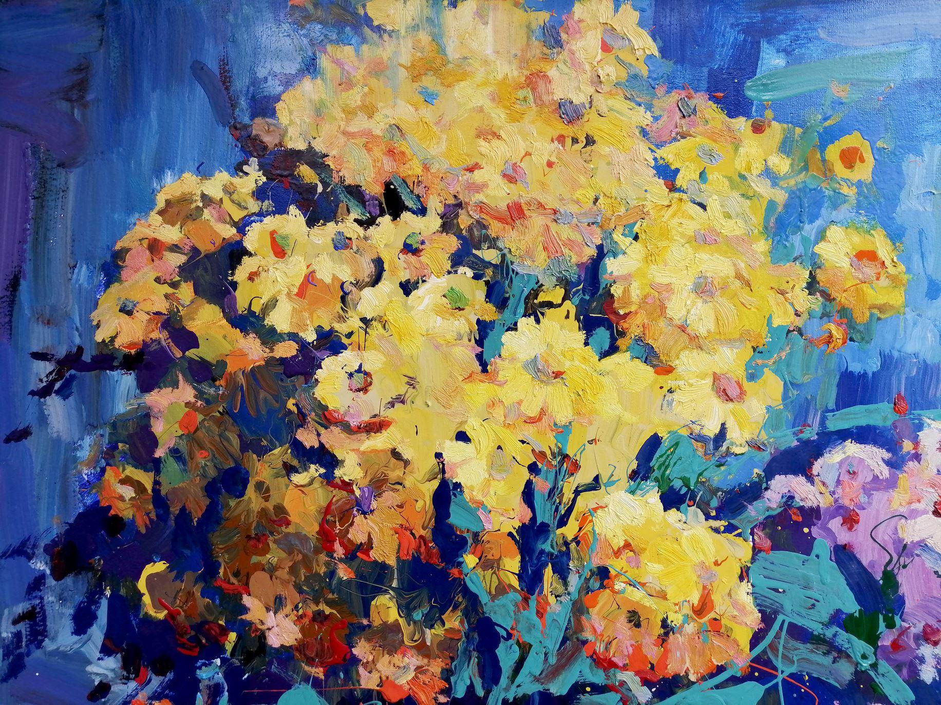 Giallo e blu, fiori, Pittura a olio originale, pronta da appendere - Painting di Alex Kalenyuk  