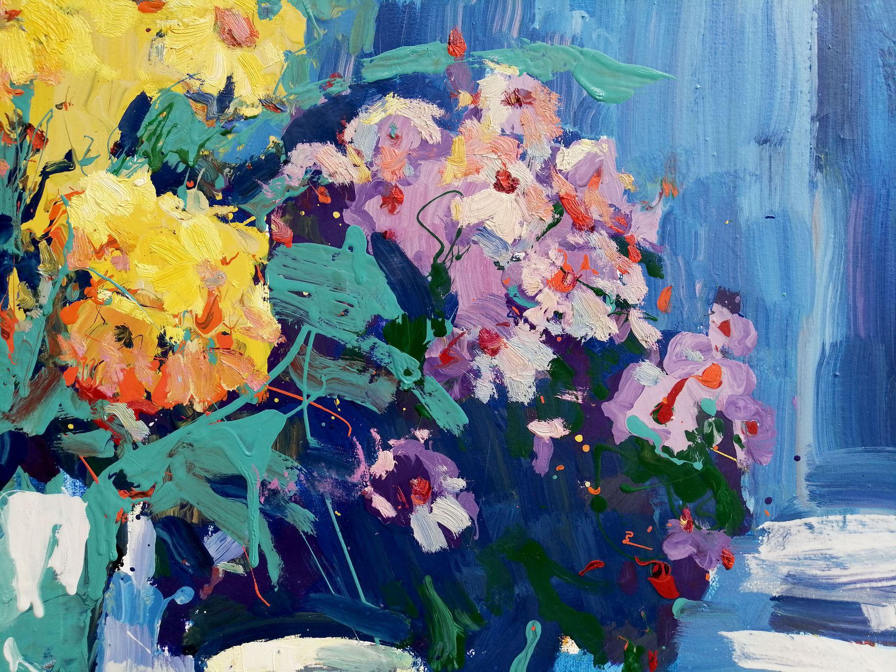 Giallo e blu, fiori, Pittura a olio originale, pronta da appendere - Painting Impressionismo di Alex Kalenyuk  