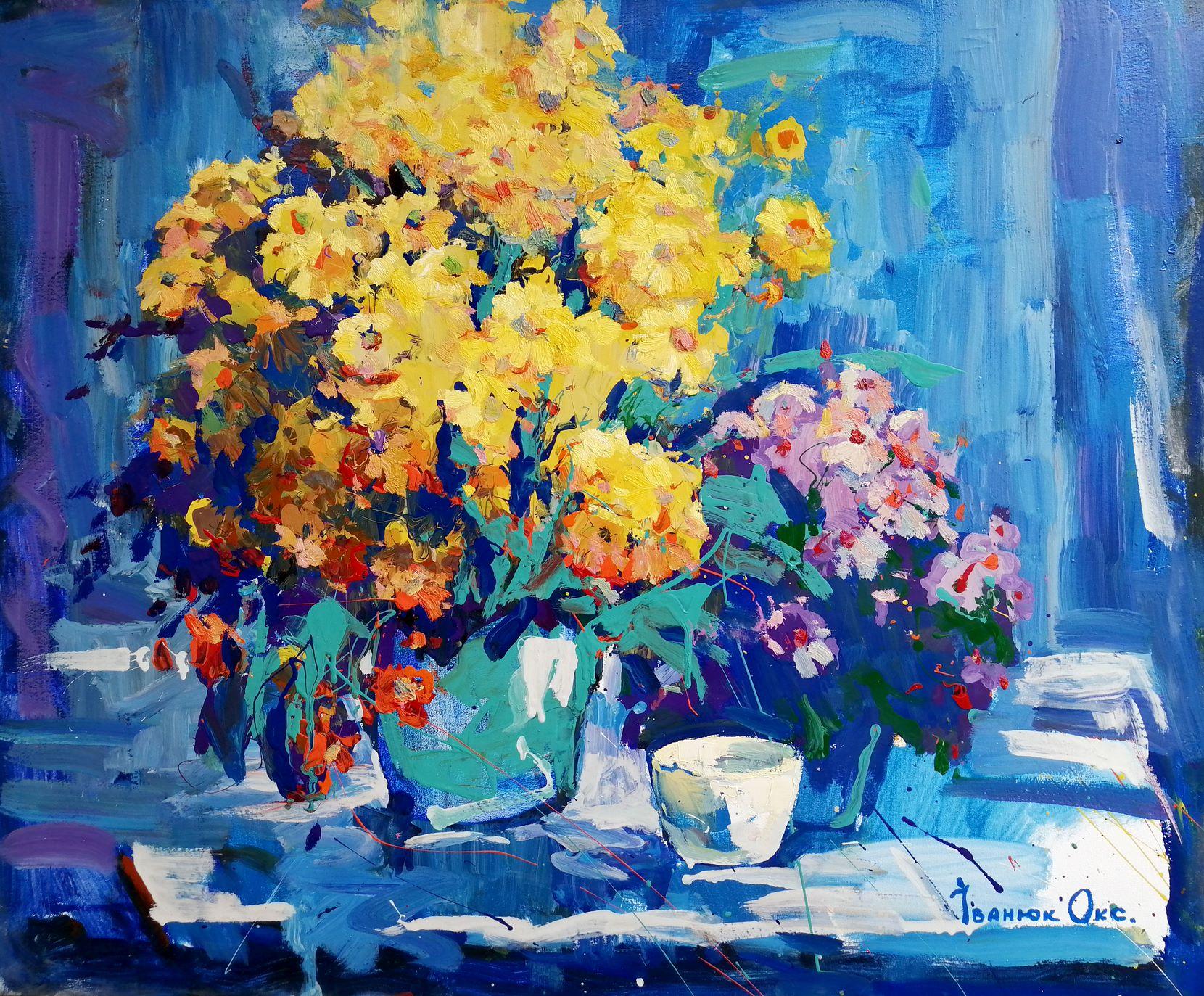 Still-Life Painting di Alex Kalenyuk   - Giallo e blu, fiori, Pittura a olio originale, pronta da appendere