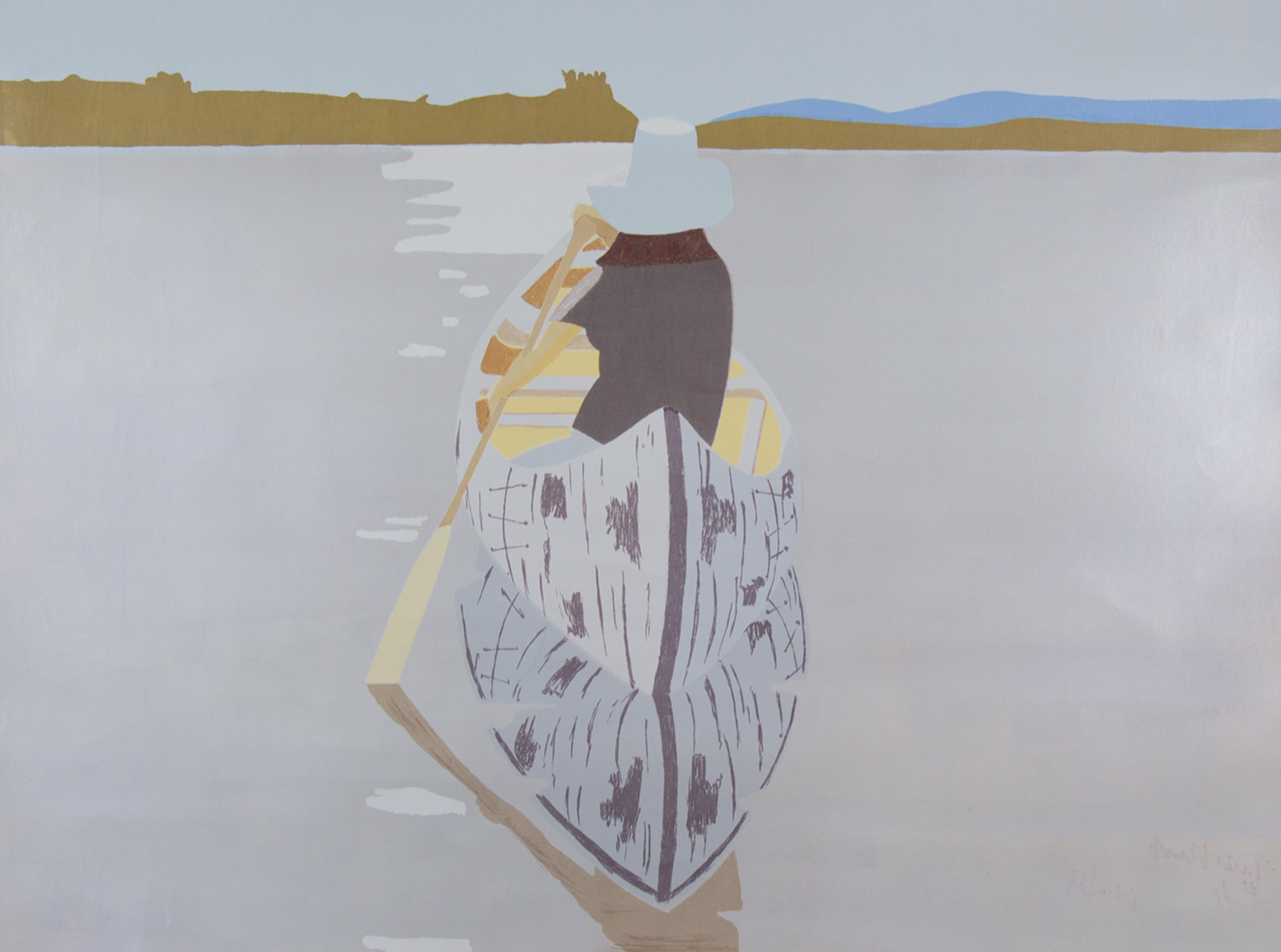 The Alex Katz Good Afternoon 2 (Gray Rowboat) is one from a series of 8 unique monotype screenprints with stencil and hand-painting. The colors used differed on the pieces produced, which make each proof unique. It will be accompanied by the