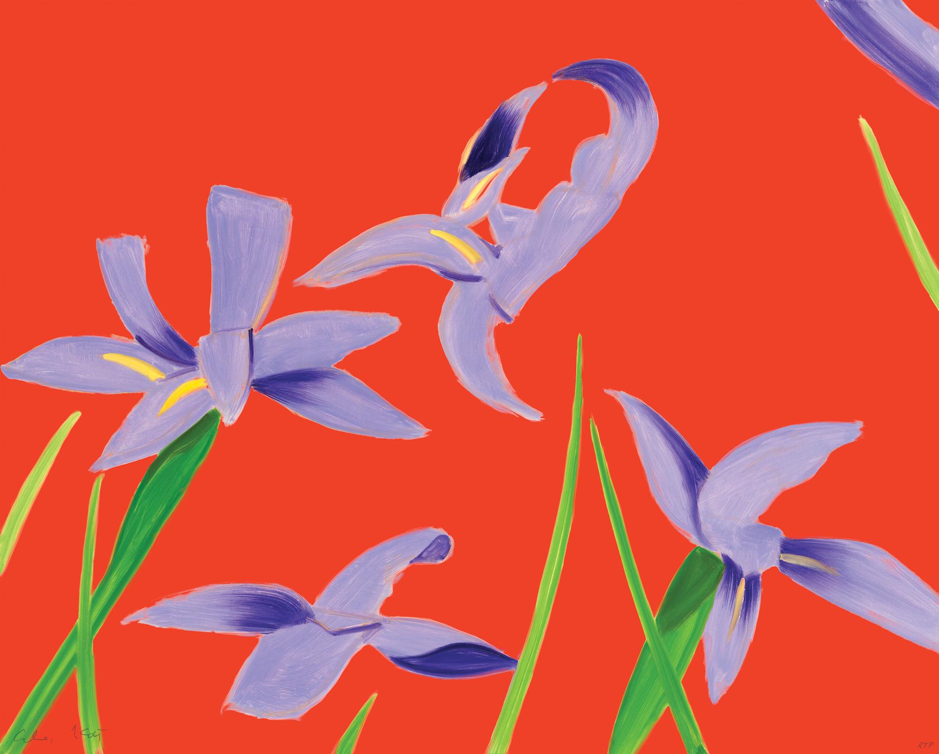 Alex Katz Still-Life Print - Purple irises on red