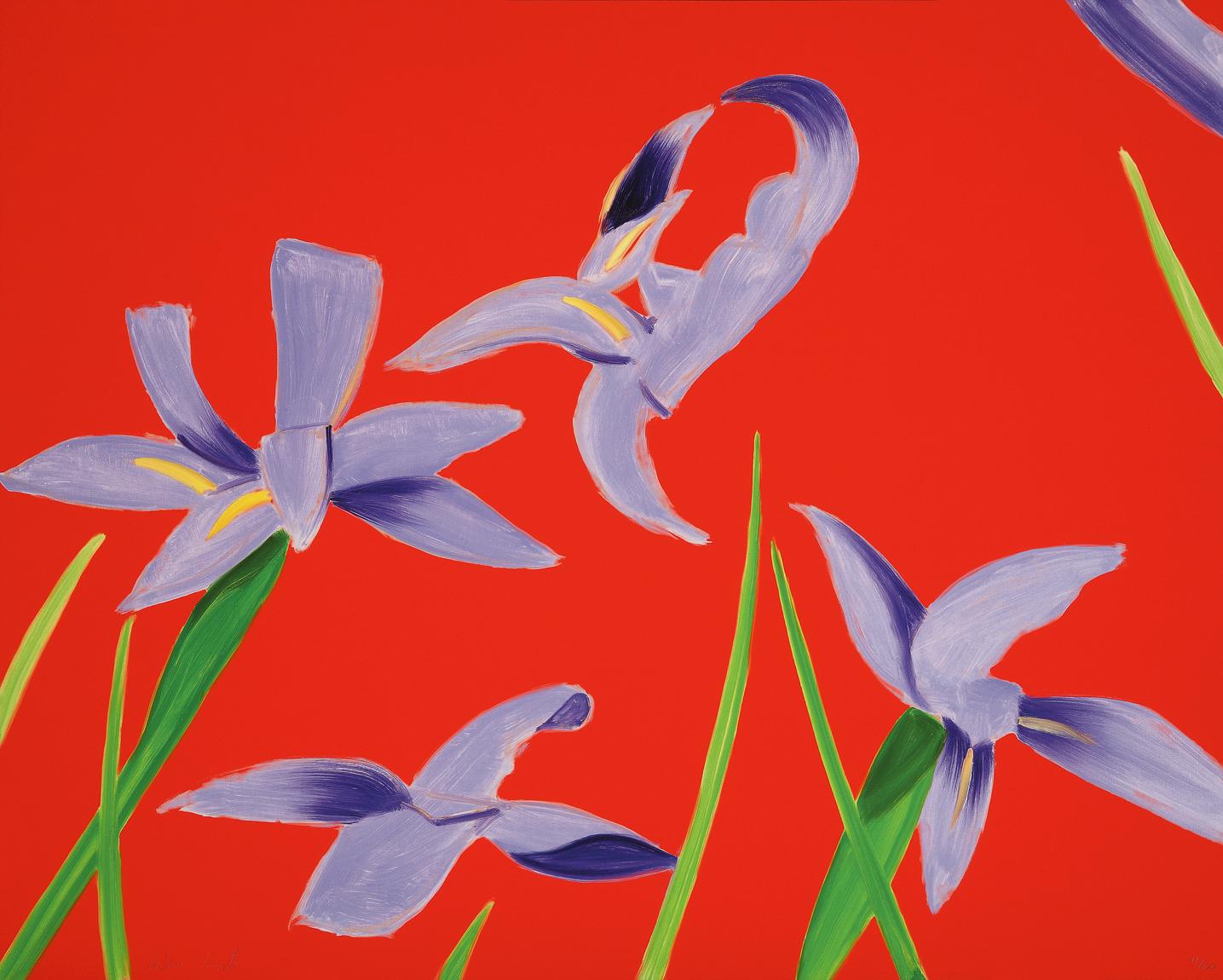 Alex Katz Landscape Print - "Purple Irises on Red", Iris, Purple, Red, Flowers, Landscape