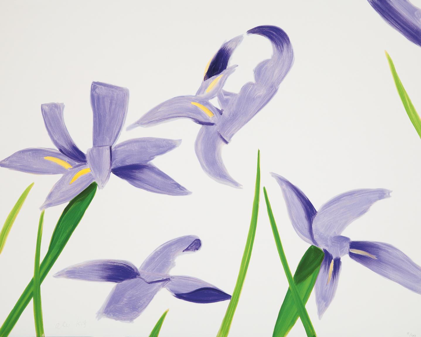 Alex Katz Landscape Print - "Purple Irises on White", Iris, Purple, White, Flowers, Landscape