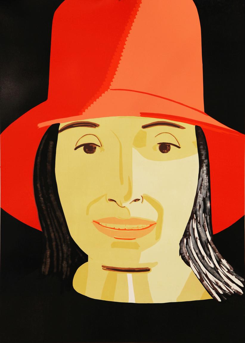 Alex Katz Portrait Print – Roter Hut Ada – Holzschnitt, roter Hut, im Gesicht, Porträt, rot und schwarz