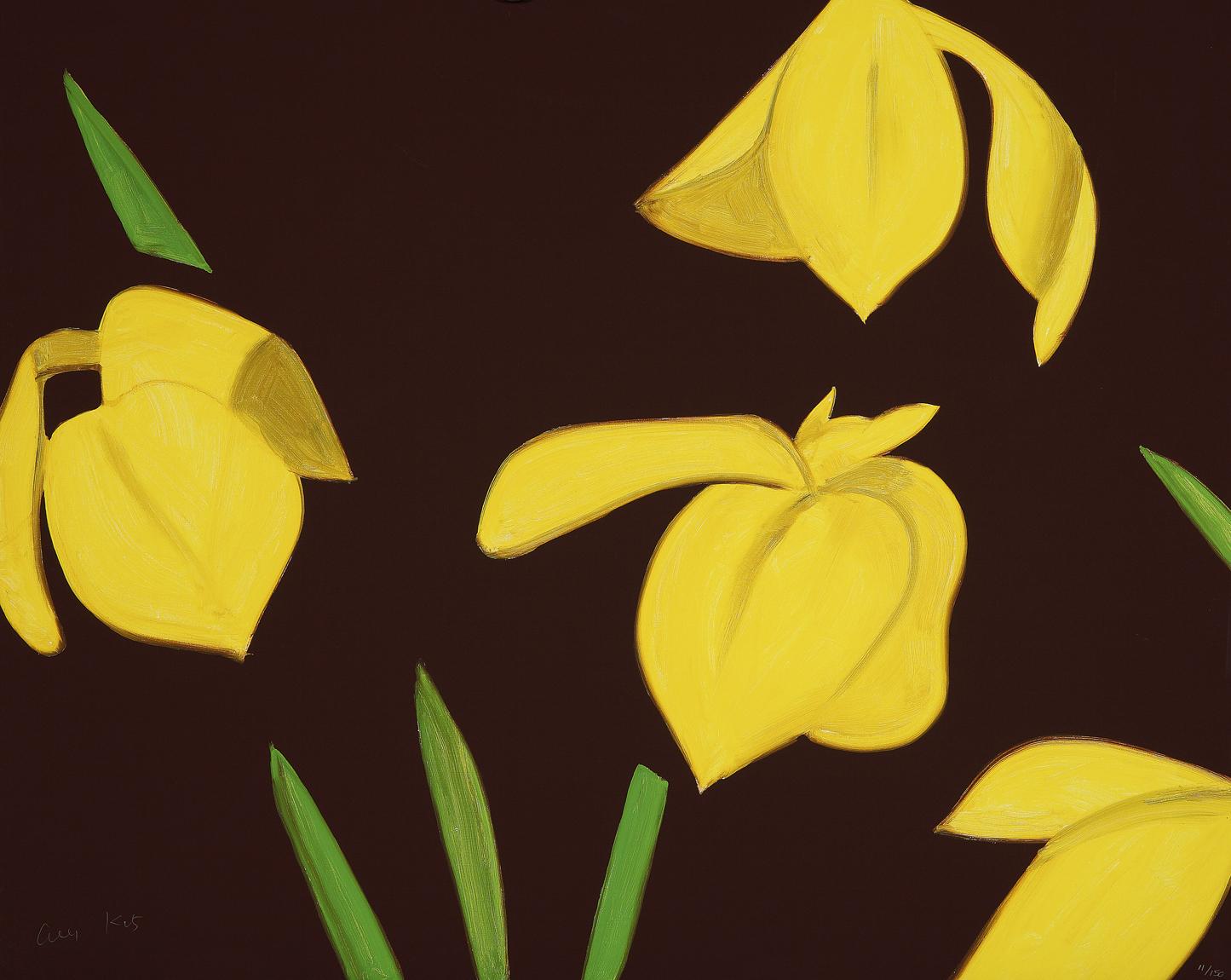 Alex Katz Landscape Print - "Yellow Flags on Brown", Flowers, Still life, Yellow, Brown