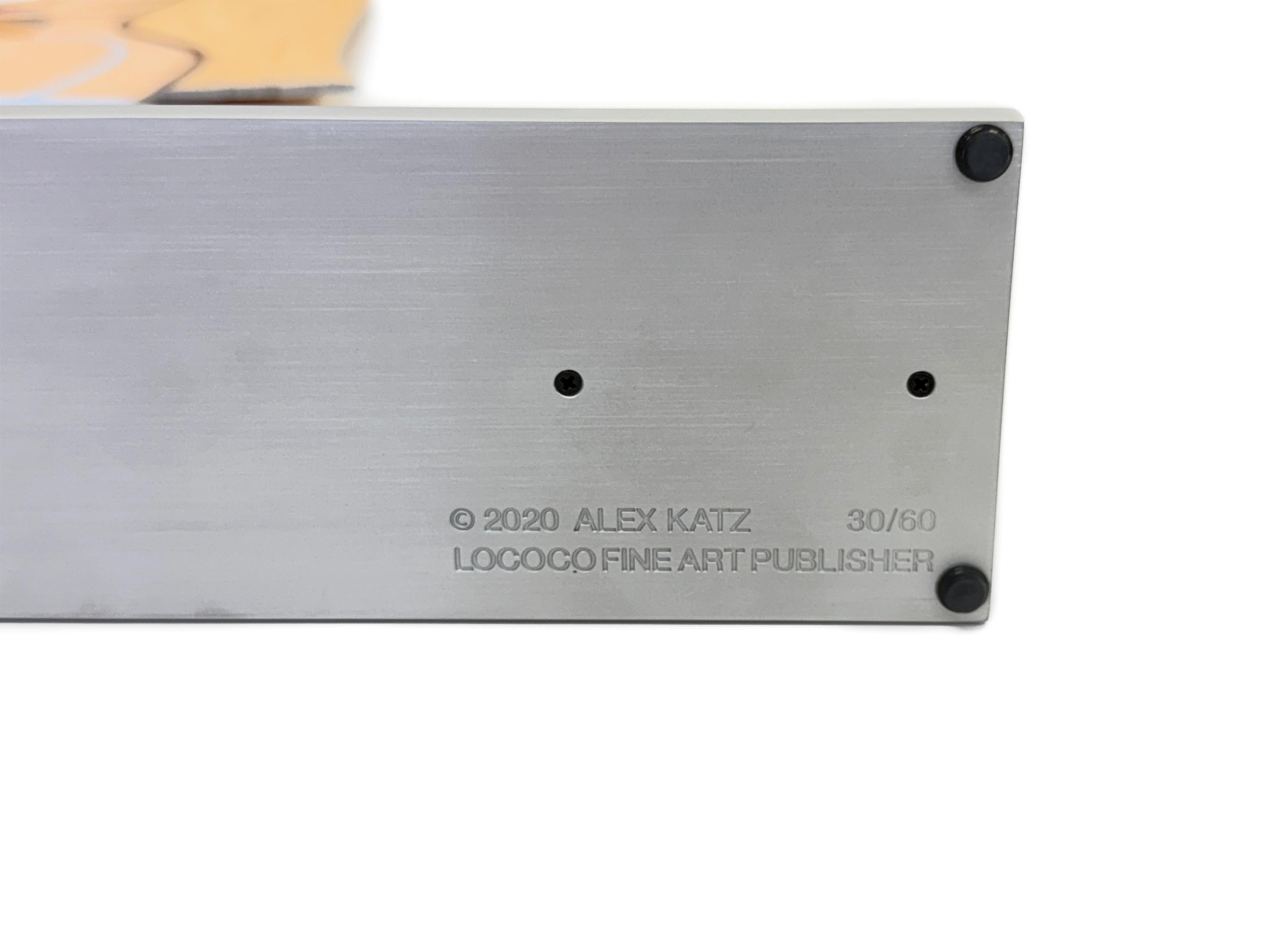 Ausschnitt aus geformtem, pulverbeschichtetem Aluminium, beidseitig gleich bedruckt mit UV-gehärteten Archivtinten, klar beschichtet und auf einen 3/8-Zoll-Aluminiumsockel montiert.   Signatur des Künstlers auf der Oberseite des Sockels eingeritzt;