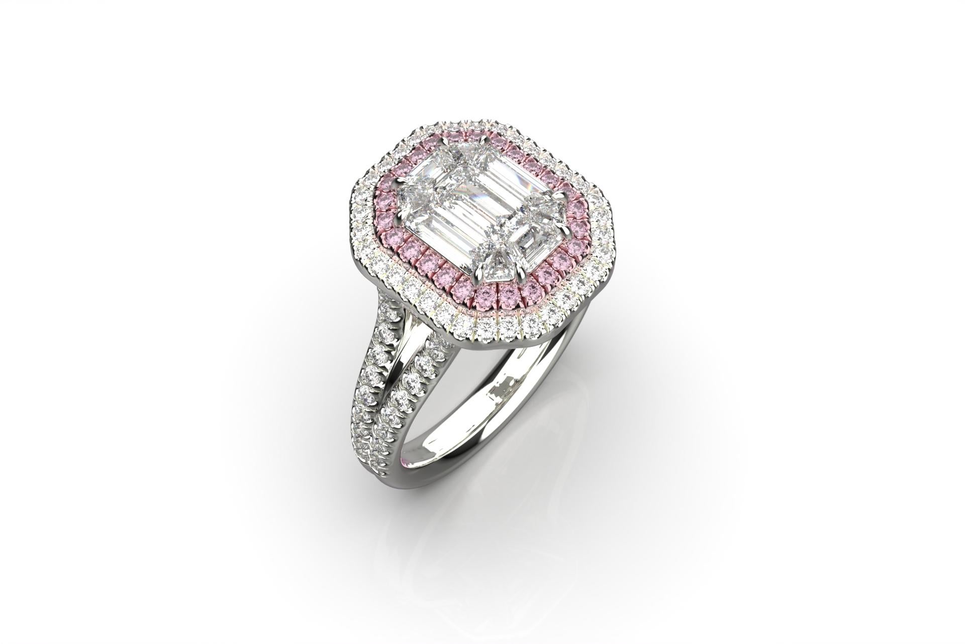 Alex Kou Illusion-Ring, unsichtbar gefasst 2,5 Karat Smaragd weißer Diamant Look (Baguetteschliff)