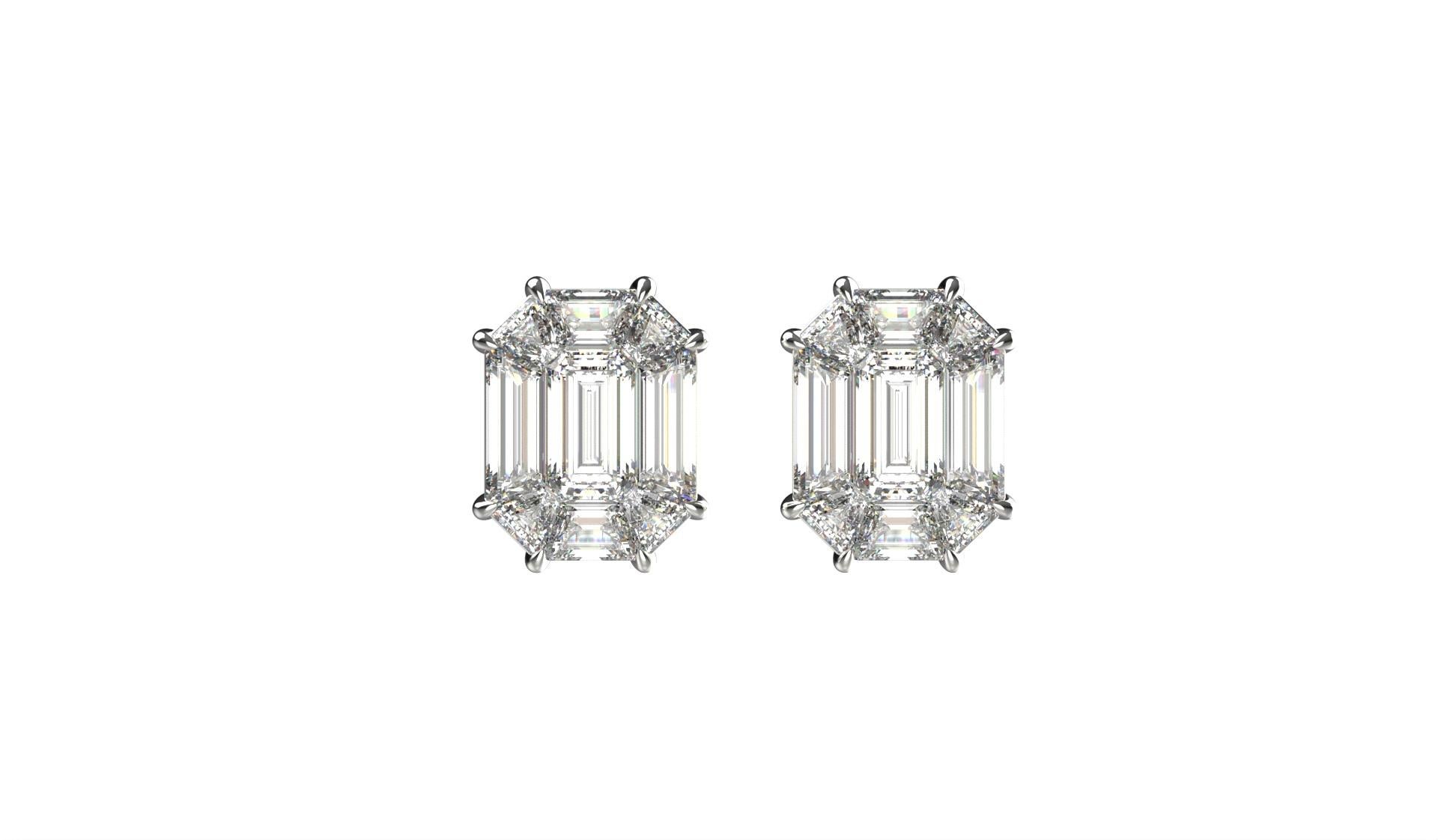 Alex Kou Invizible Setting Emerald Shape Diamond Stud Earrings
invisible setting 9 pie cut diamonds 

Selection, sorting and cutting of diamonds is made in Israel
Stud earrings are made to order
It will take 3-4 weeks to produce

total white