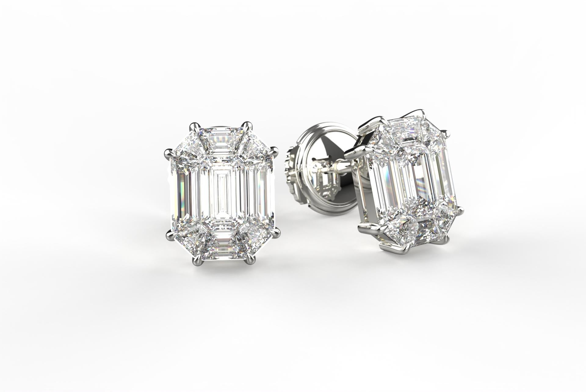 Art Deco Alex Kou Invizible Setting Emerald Shape Diamond Stud Earrings 