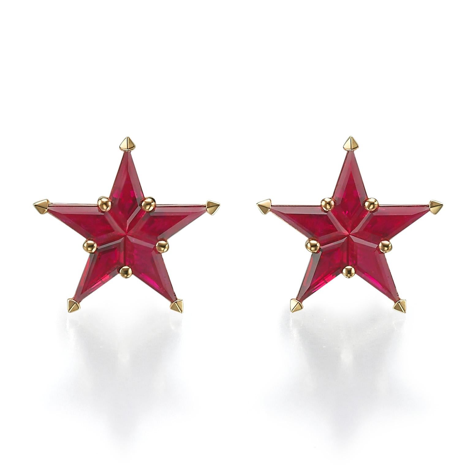 Alex Kou Ruby star stud earrings 18K yellow gold and heated ruby pie cut.
Earrings are formed in the form of five-pointed stars.
Earrings weighing 2.66 g. 
Earrings are marked Alex Kou.
Star diameter - 11mm
Gold 18K.
The locks are very comfortable