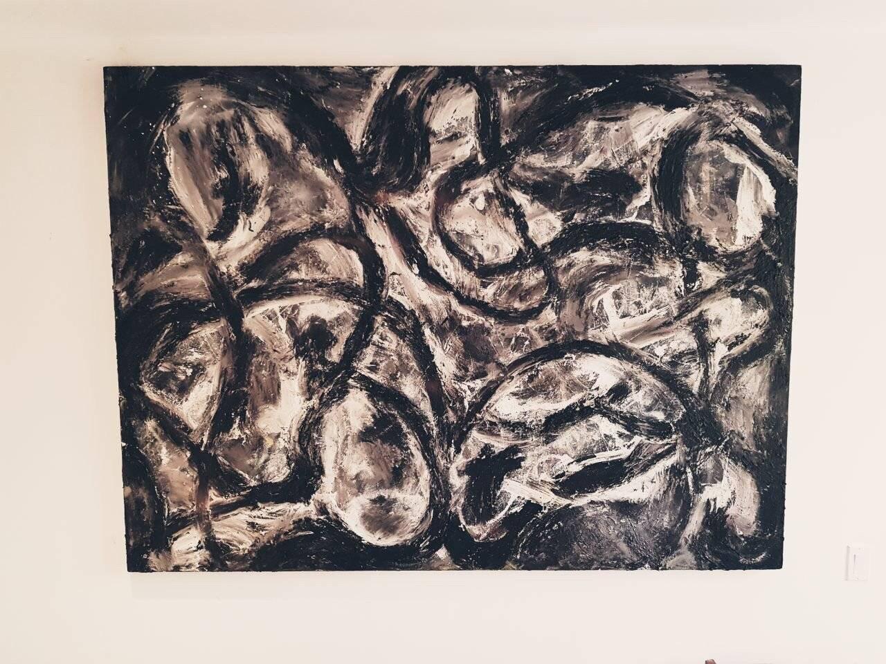 Movement Mixed Media Painting Oil on Linen Abstract Expressionism Black & White 1