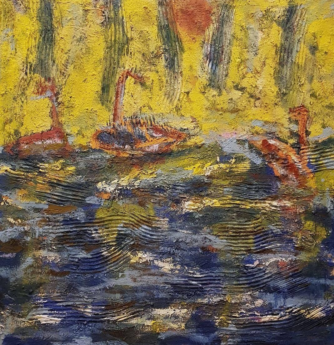 Peinture technique mixte - Paysage de bateaux océaniques - Expressionnisme abstrait - Huile sur lin - Painting de Alex Lazard