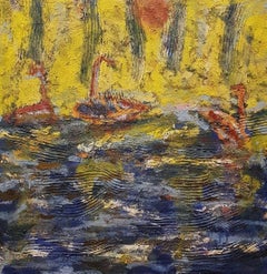 Ocean Ships Landscape Mixed Media Painting Oil on Linen Abstract Expressionism