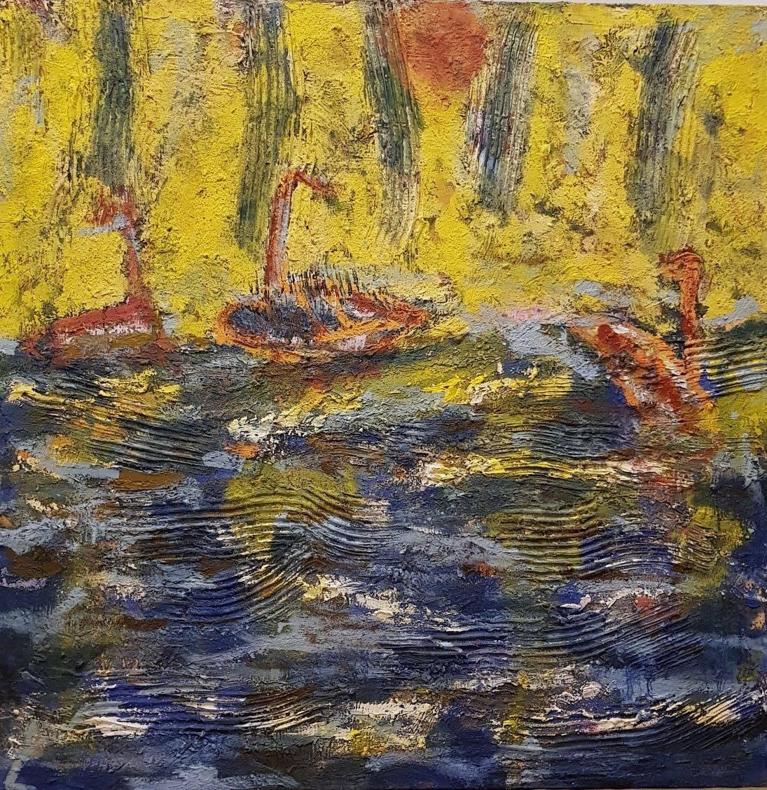 Ocean Ships Landscape Mixed Media Painting Oil on Linen Abstract Expressionism
