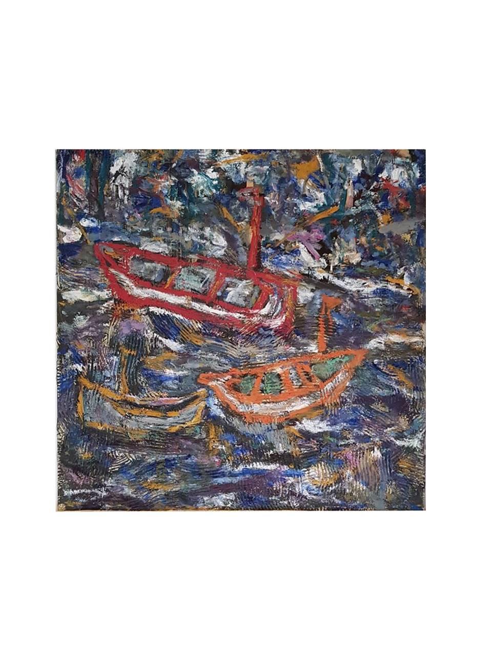 Schiffslandschaft Gemälde in Mischtechnik Öl auf Leinen Zeitgenössische Kunst, auf Lager  (Grau), Abstract Painting, von Alex Lazard