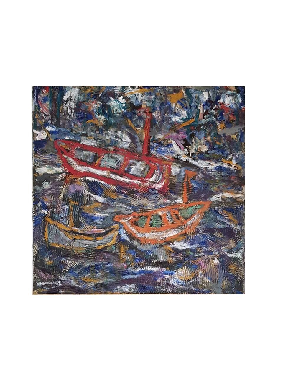 Navi Paesaggio Pittura a tecnica mista Olio su lino Arte contemporanea In magazzino - Abstract Painting Grigio di Alex Lazard