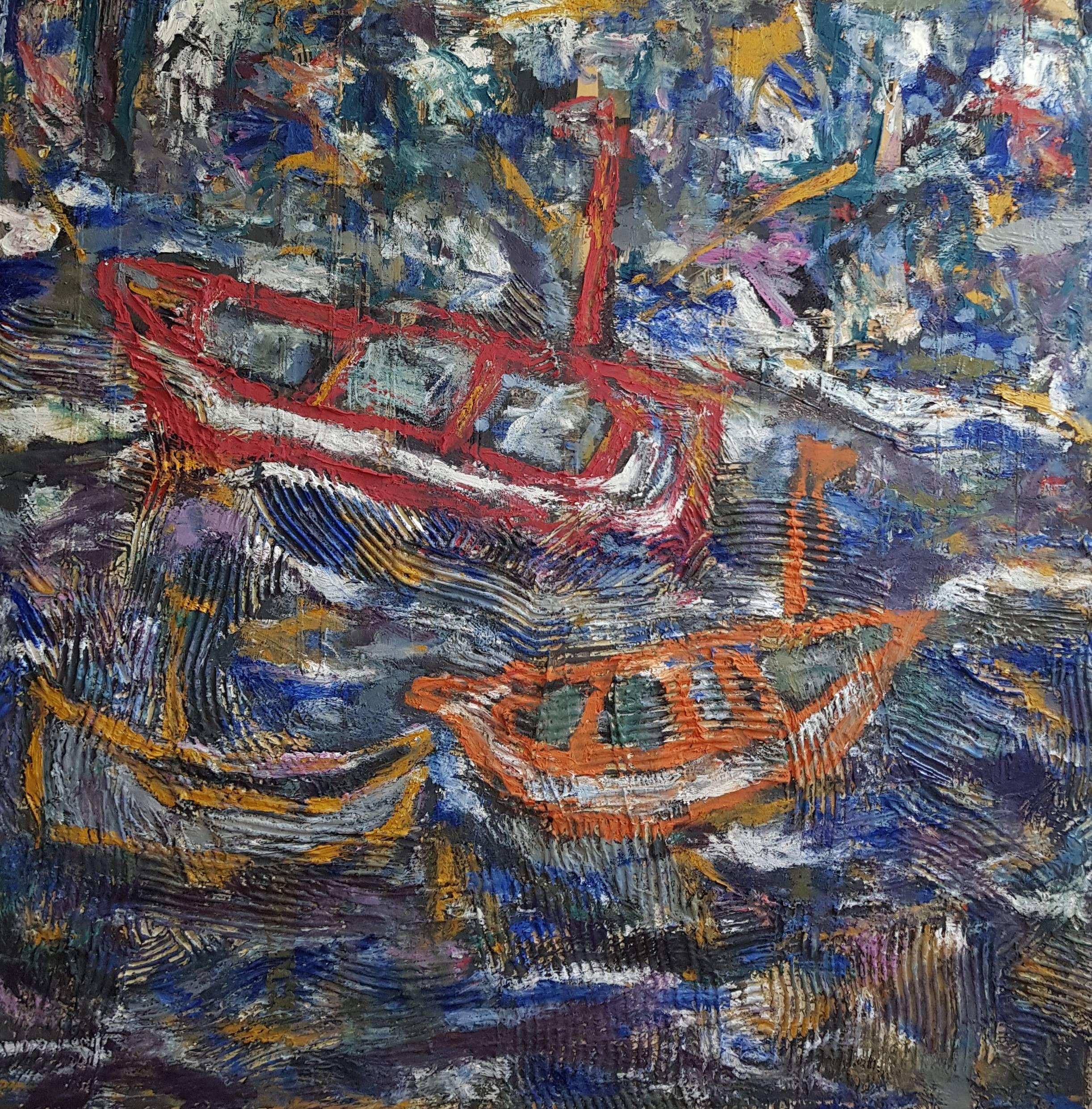 Ships Landscape Mixed Media Painting Oil on Linen Contemporary Art In Stock 